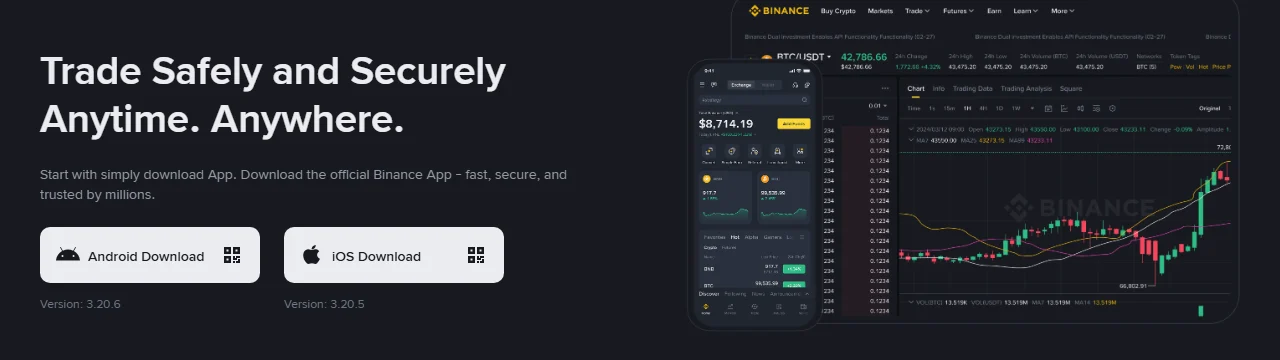 Zvanična Binance stranica za preuzimanje s dugmadima Android Download i iOS Download te ispisanim brojevima verzija 3.20.6 i 3.20.5