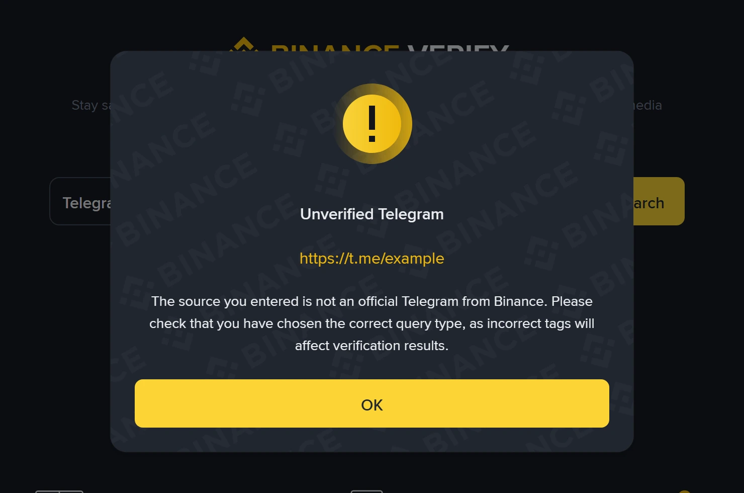 Rezultat Binance Verify s porukom Unverified Telegram, prikazanim unosom https://t.me/example i uputom da se provjeri je li odabrana ispravna vrsta upita