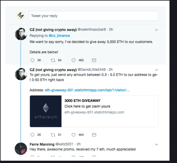 Binances egen exempelbild från hjälpsidan: falska svar i en X-tråd där visningsnamnet är kopierat men användarnamnen är slumpmässiga, med ett erbjudande om 3 000 ETH och en länk till en extern domän