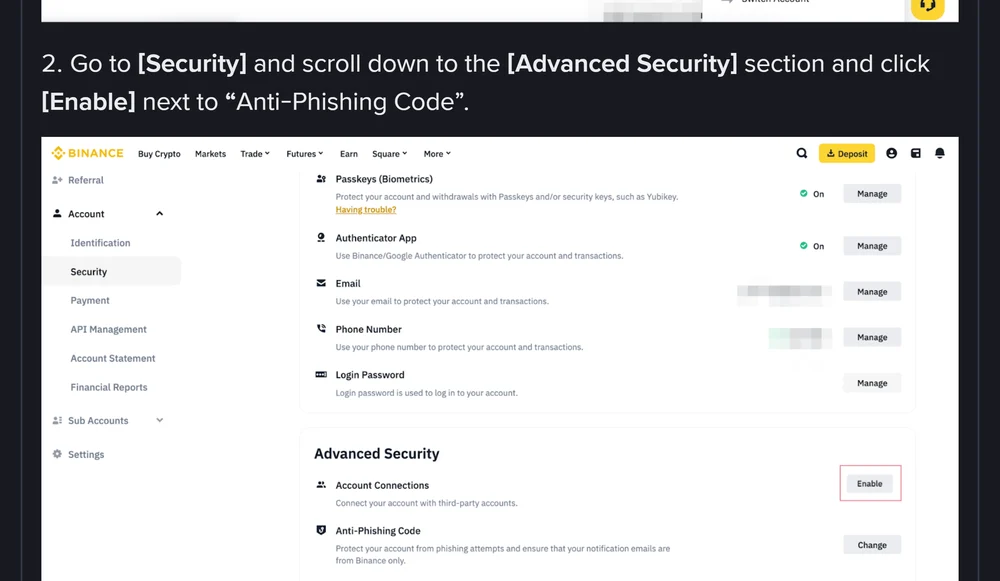 Binance säkerhetsinställningar med avsnittet Advanced Security, där raden Anti-Phishing Code ligger under Account Connections