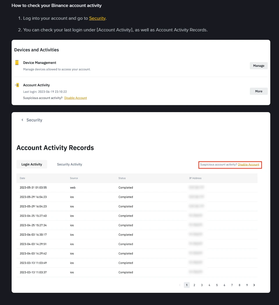 Binance egen skärmbild av Account Activity Records med flikarna Login Activity och Security Activity, kolumnerna Date, Source, Status och IP Address, samt länken Disable Account markerad i rött
