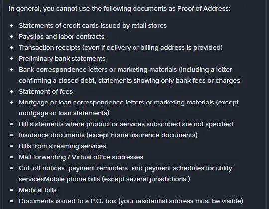 Binances lista (engelsk version) över dokument som inte räknas som adressbevis, bland annat lönespecifikationer, transaktionskvitton, streamingfakturor och postvidarebefordran