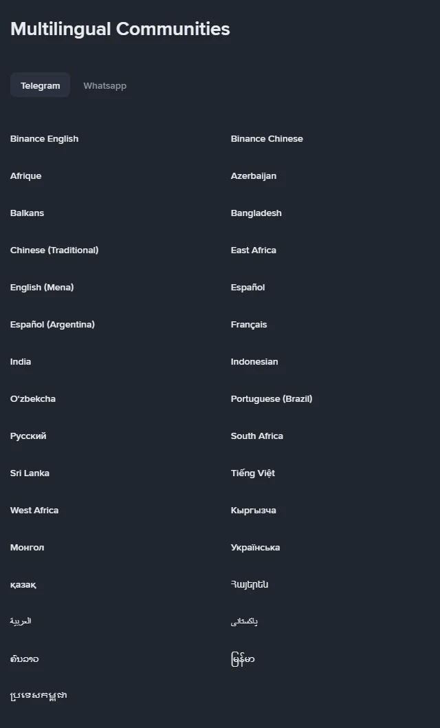 Avsnittet Multilingual Communities på Binances community-sida med 31 språkgrupper listade, där ingen post avser svenska eller Norden