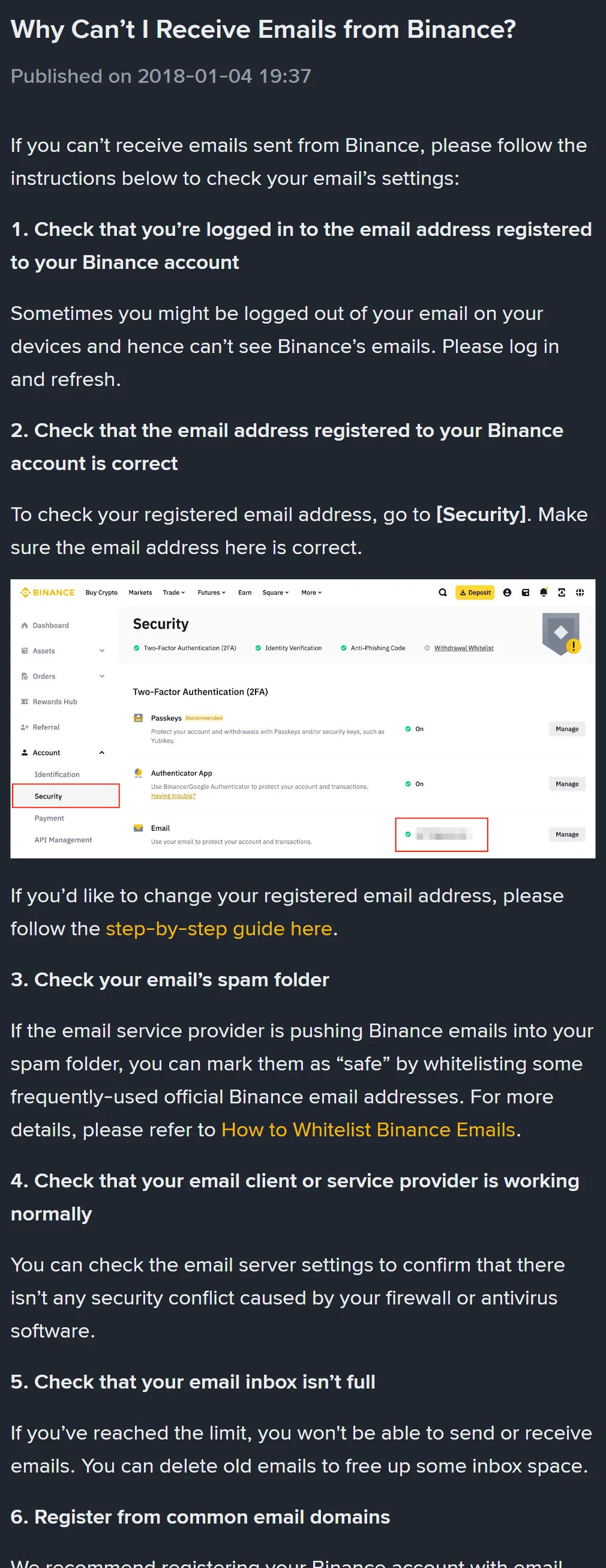 Binances hjälpsida om uteblivna mejl från Binance med alla sex kontrollpunkterna, engelsk version