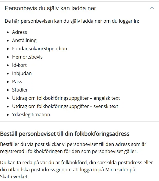 Skatteverkets sida med listan över personbevis du själv kan ladda ner, där Adress står först
