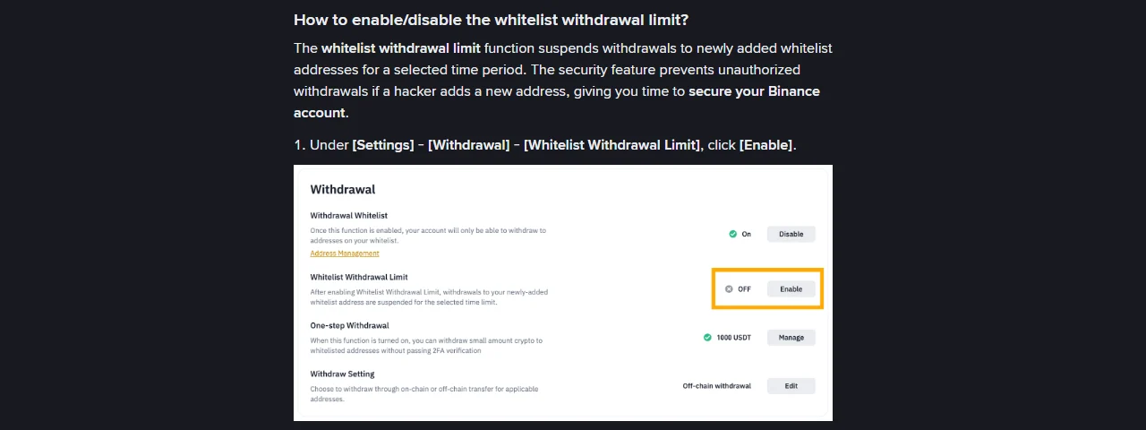 Binance stranica pomoći, dio „How to enable/disable the whitelist withdrawal limit?“ s objašnjenjem da funkcija sprečava neovlaštene isplate ako napadač doda novu adresu, i panel Withdrawal u kojem Whitelist Withdrawal Limit stoji na OFF