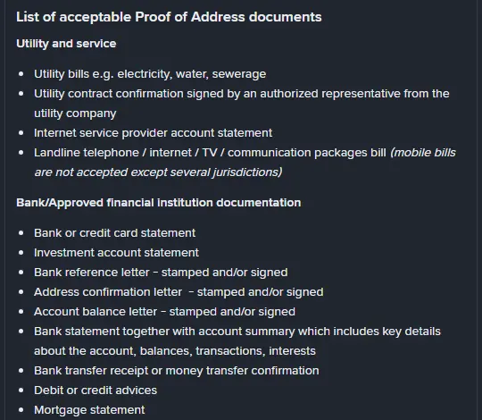 Binances lista (engelsk version) över godkända adressbevis: räkningar för el, vatten och avlopp samt bankutdrag, bankreferensbrev och bolåneutdrag