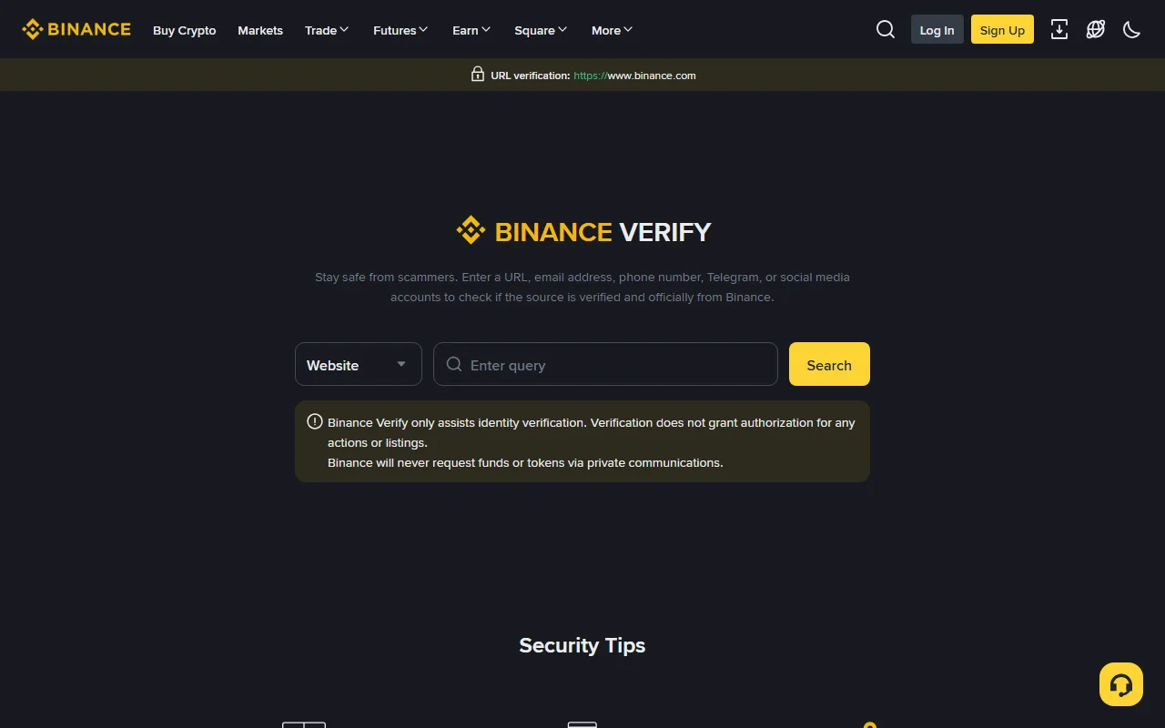Binance Verify på engelska med val för webbplats och ett fält för kontroll av adress