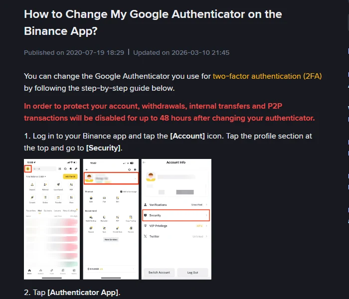 Binance stranica pomoći "How to Change My Google Authenticator on the Binance App?" s crveno istaknutom rečenicom o onemogućenim isplatama do 48 sati nakon promjene autentifikatora