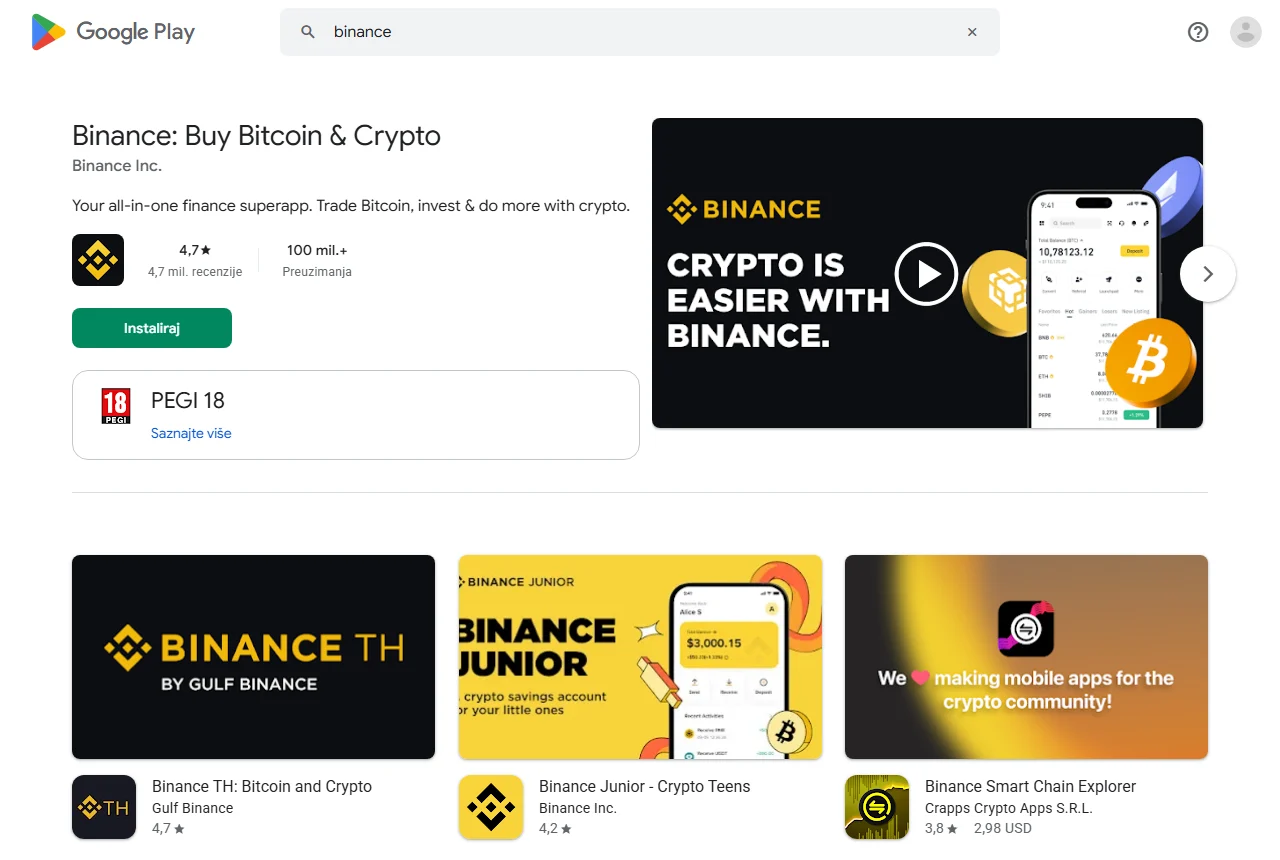Rezultati pretrage za binance na Google Playu za BiH: prvi rezultat izdavača Binance Inc., ispod njega Binance TH izdavača Gulf Binance, Binance Junior izdavača Binance Inc. i Binance Smart Chain Explorer izdavača Crapps Crypto Apps S.R.L.
