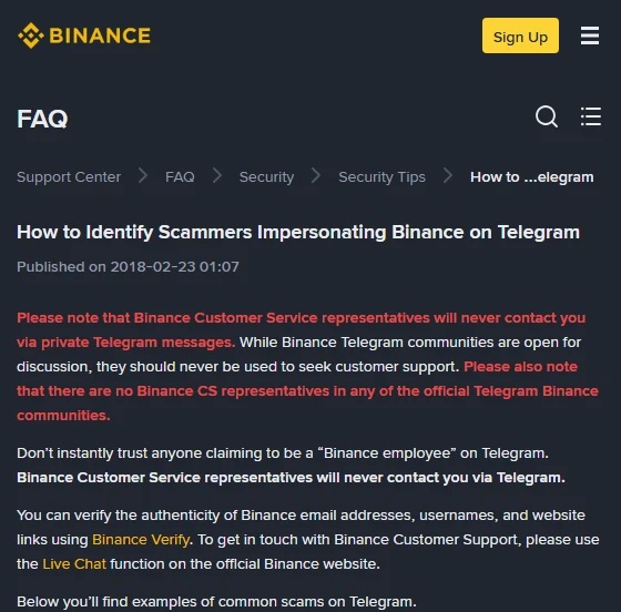 Binances hjälpsida How to Identify Scammers Impersonating Binance on Telegram med publiceringsdatum 2018-02-23 och de rödmarkerade meningarna om att kundtjänst aldrig kontaktar användare via privata Telegram-meddelanden