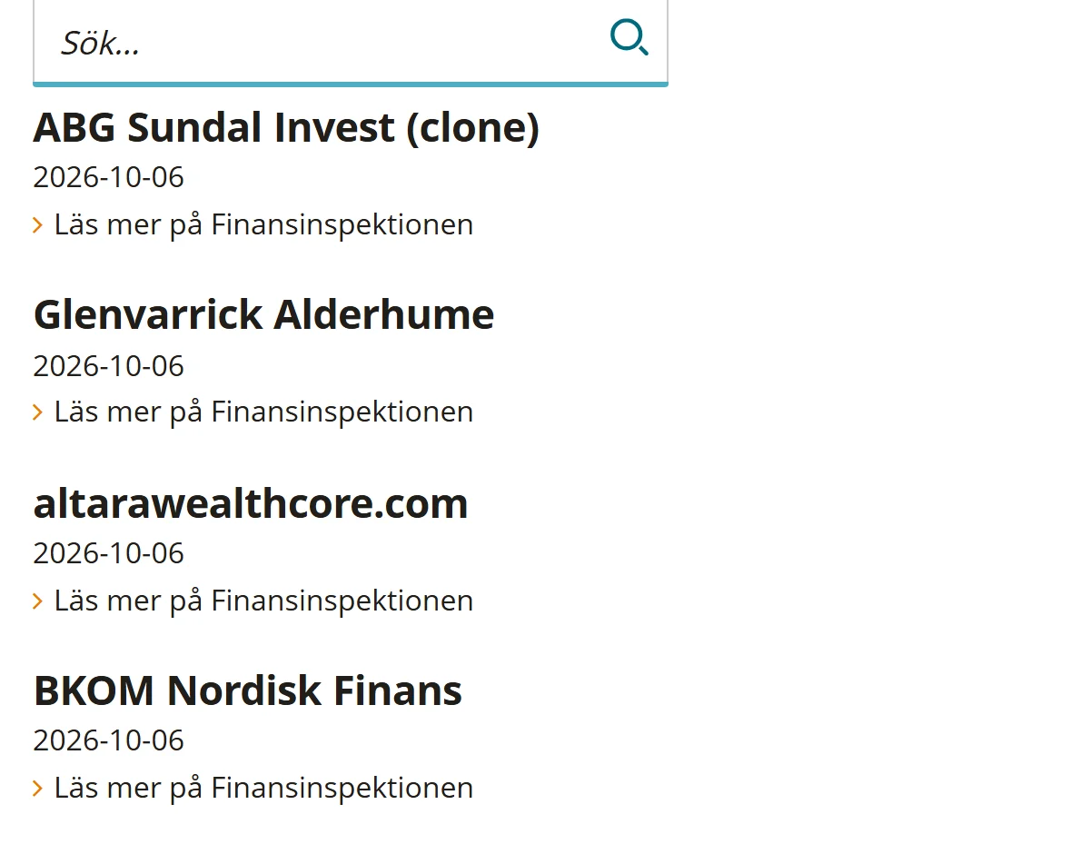 FI:s varningslista med fyra poster daterade 2026-10-06, varav en är markerad som klonföretag