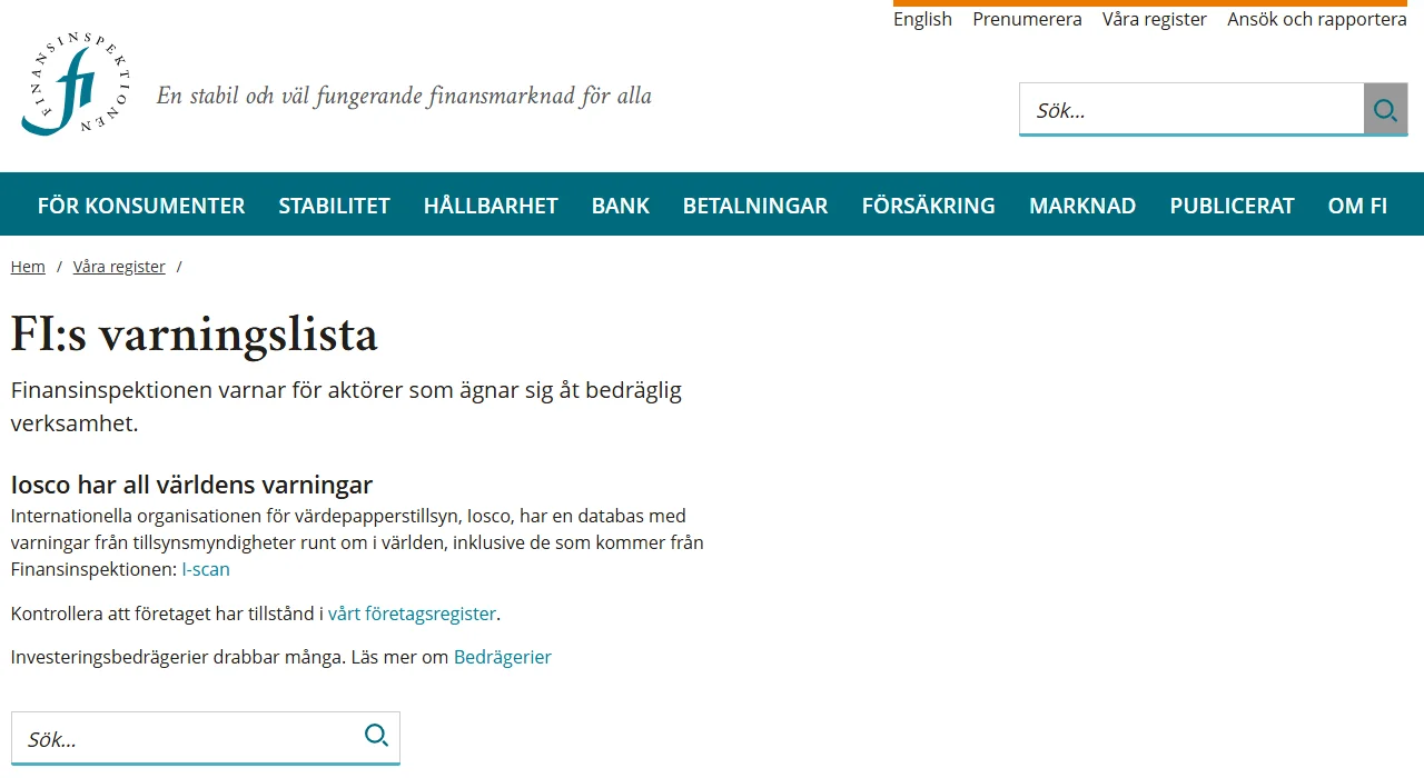 Finansinspektionens varningslista med sökfält, hänvisning till företagsregistret och Ioscos databas I-Scan