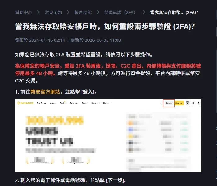 幣安繁體中文說明頁「當我無法存取幣安帳戶時,如何重設兩步驟驗證 (2FA)?」,標題下方標示發布於 2024-01-16、更新於 2026-06-03,紅字寫明重設 2FA 裝置後提領、C2C 賣出、內部轉帳與支付服務將被停用最多 48 小時