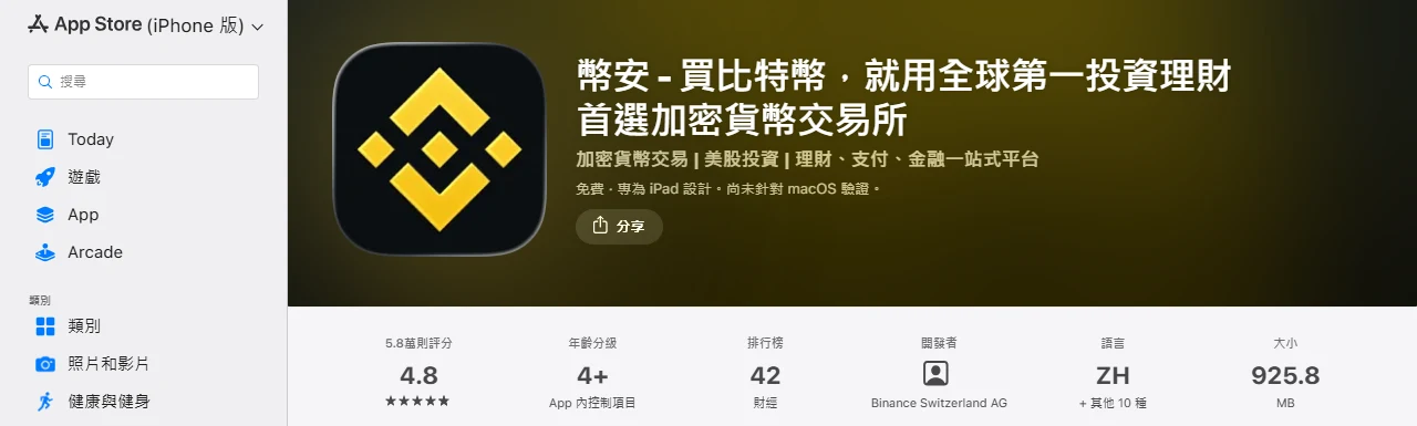 Apple App Store 台灣區的幣安應用程式頁面,資訊列顯示 4.8 評分、排行榜財經第 42 名、開發者 Binance Switzerland AG、大小 925.8 MB