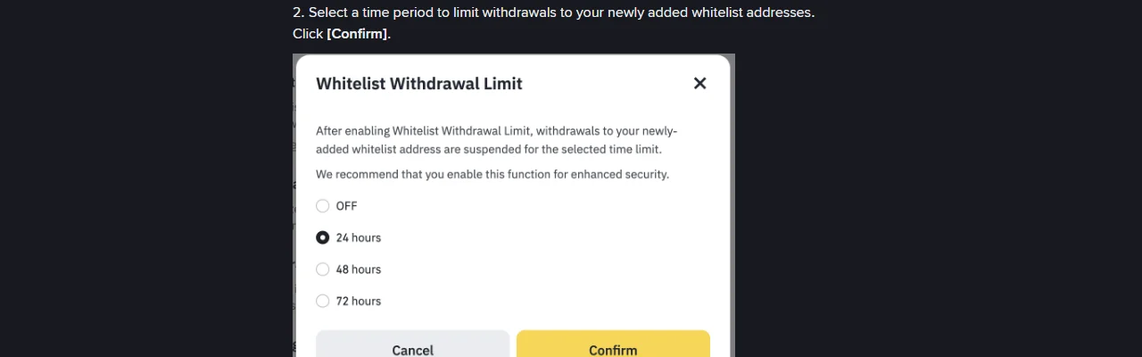Prozor Whitelist Withdrawal Limit na Binance stranici pomoći s opcijama OFF, 24 hours, 48 hours i 72 hours, gdje je označeno 24 hours, i preporukom da se funkcija uključi radi veće sigurnosti