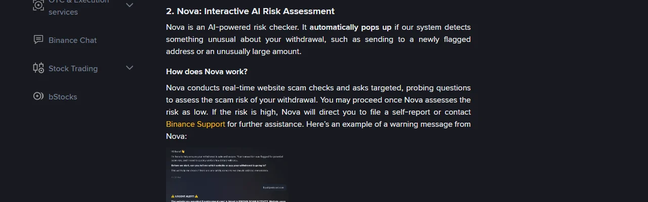Binance stranica pomoći o prevarama pri isplati, dio „2. Nova: Interactive AI Risk Assessment“ s objašnjenjem kako automatska provjera rizika radi i kada propušta isplatu