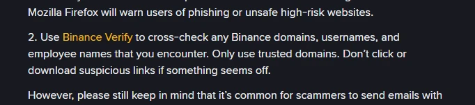 Dio Binance vodiča o zaštiti od phishinga s rečenicom Only use trusted domains