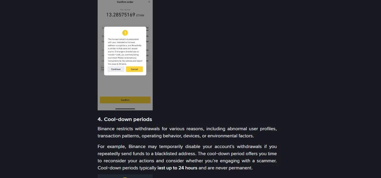Binance stranica pomoći, primjer poruke upozorenja pri potvrdi isplate i dio „4. Cool-down periods“ u kojem piše da periodi hlađenja obično traju do 24 sata i nikada nisu trajni