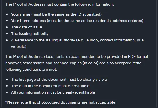 Binances hjälpsida (engelsk version) med de fem uppgifter ett adressbevis måste innehålla och reglerna för PDF, skärmdump och skannade kopior