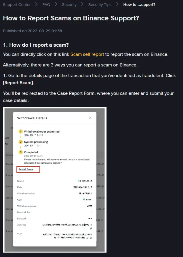 Binances supportartikel How to Report Scams on Binance Support med knappen Report Scam markerad på detaljsidan för ett uttag