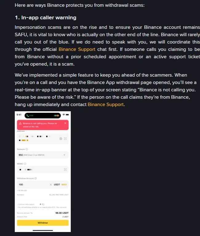 Avsnittet "In-app caller warning" på Binances engelska FAQ-sida, med texten om att Binance sällan ringer utan förvarning och en skärmbild av den röda bannern "Binance is not calling you" ovanför uttagsformuläret i appen