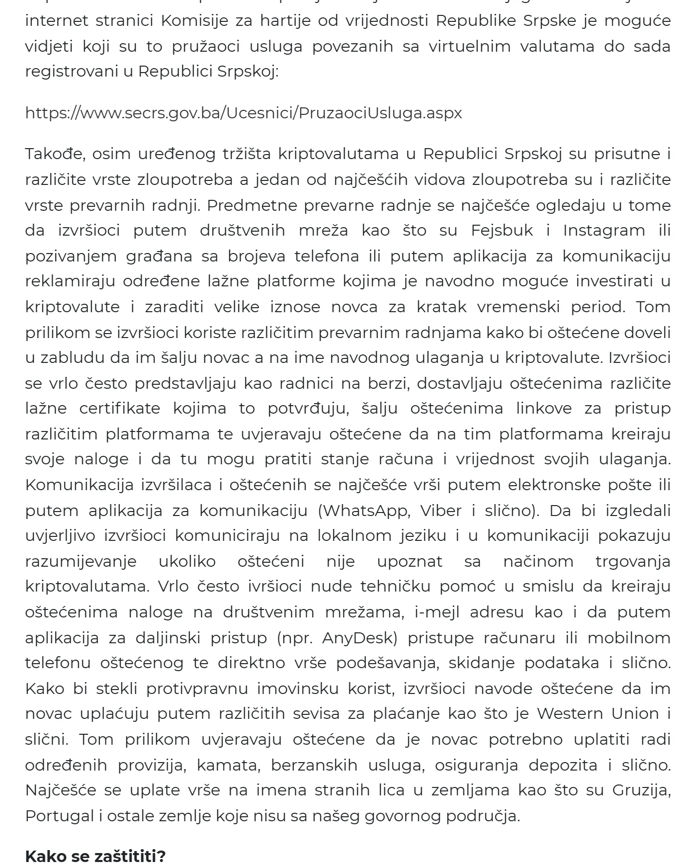 Upozorenje Jedinice za visokotehnološki kriminalitet MUP-a Republike Srpske o kriptovalutama, dio teksta o pozivanju građana s brojeva telefona, lažnim certifikatima, daljinskom pristupu i uplatama preko Western Uniona