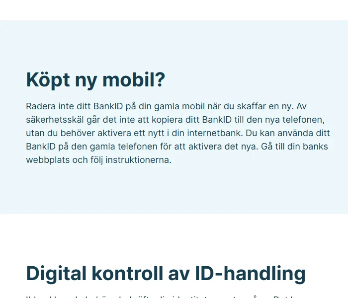 Sidan Skaffa BankID på bankid.com med rubriken "Köpt ny mobil?" och stycket om att BankID inte går att kopiera till den nya telefonen utan måste aktiveras på nytt i internetbanken