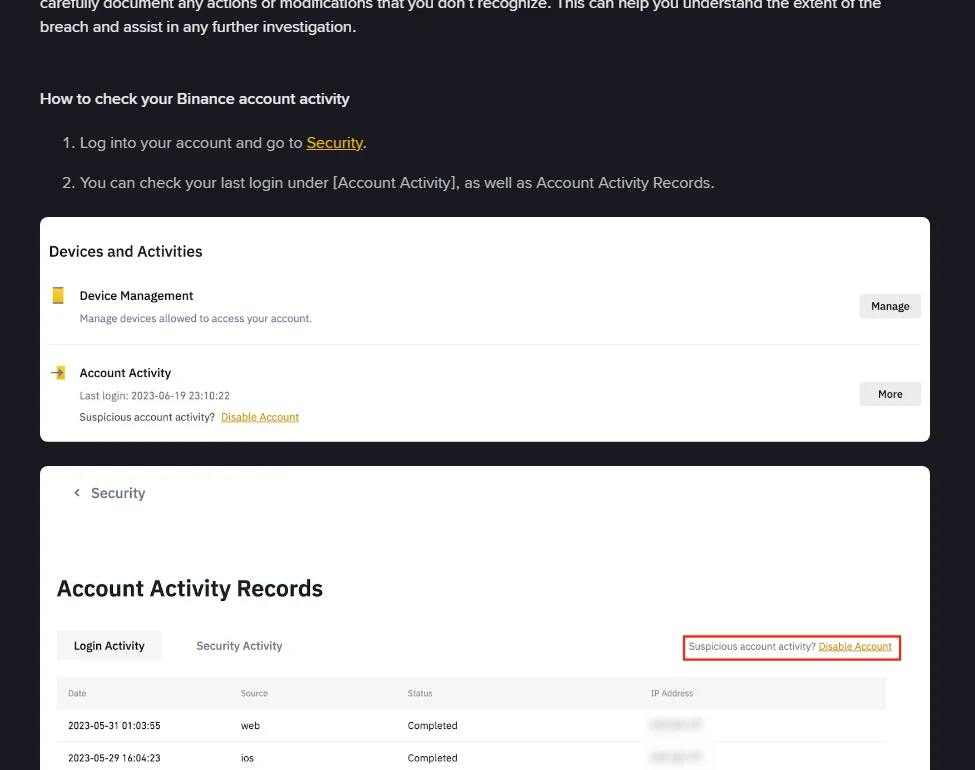 Zvanični Binance snimci: kartica Devices and Activities s posljednjom prijavom i tabela Account Activity Records s kolonama Date, Source, Status i IP Address te crveno označenom opcijom Disable Account