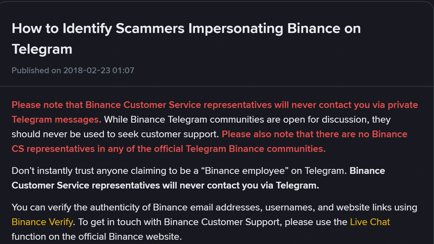Stranica pomoći How to Identify Scammers Impersonating Binance on Telegram, s crveno označenim rečenicama da predstavnici podrške nikada ne pišu privatne poruke na Telegramu i da u službenim zajednicama nema agenata podrške