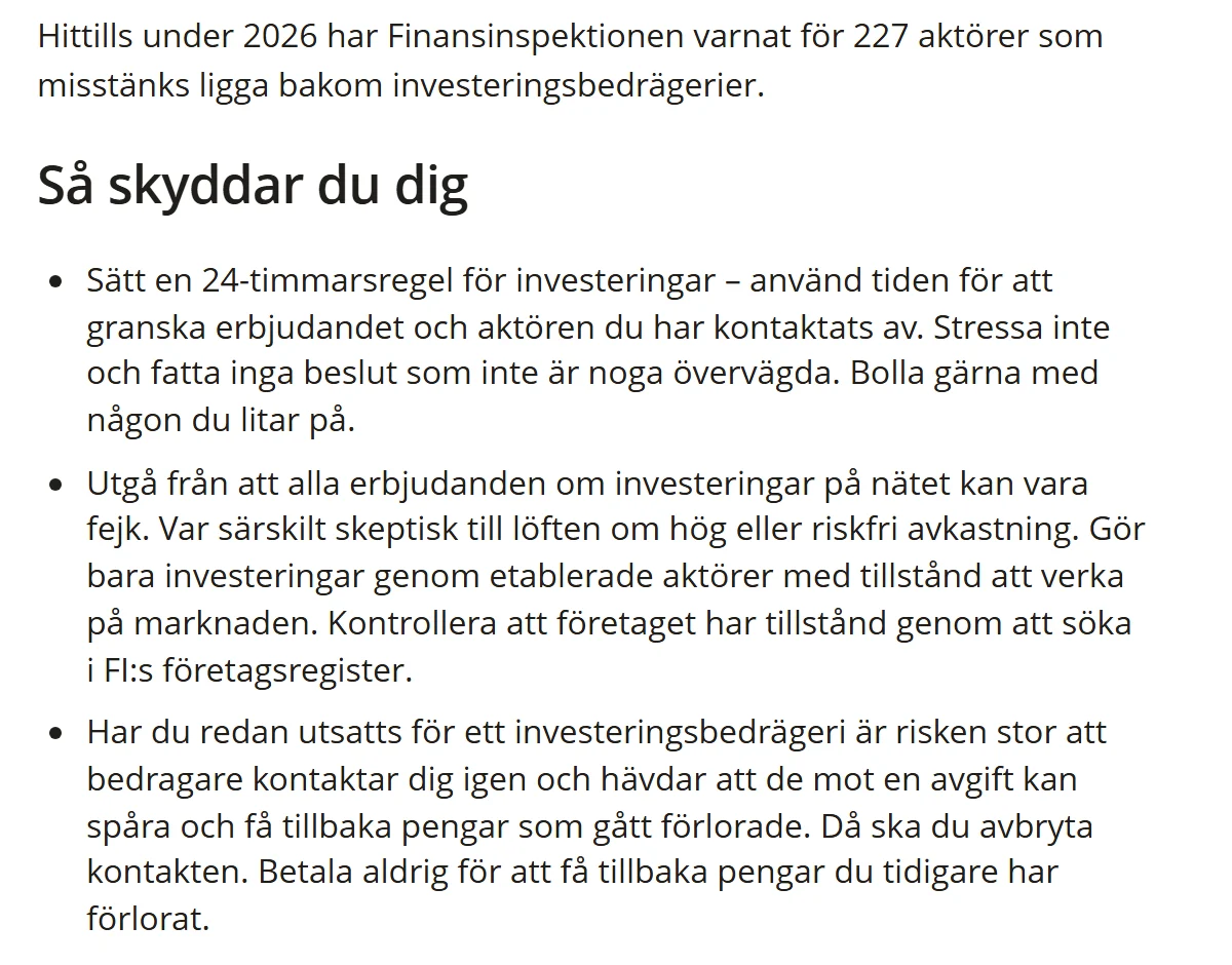 Finansinspektionens nyhet från 6 oktober 2026 med uppgiften om 227 varnade aktörer och råden om en 24-timmarsregel