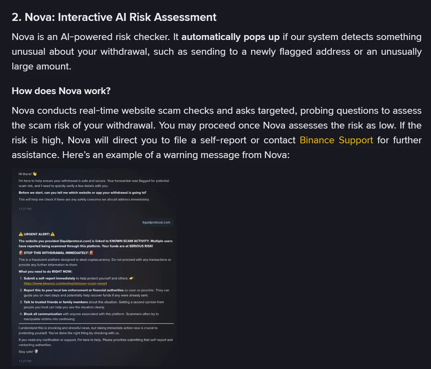 Odjeljak Nova: Interactive AI Risk Assessment na Binanceovoj stranici pomoći, s primjerom razgovora u kojem asistent upozorava da je navedena stranica povezana s prevarom i traži da se isplata zaustavi