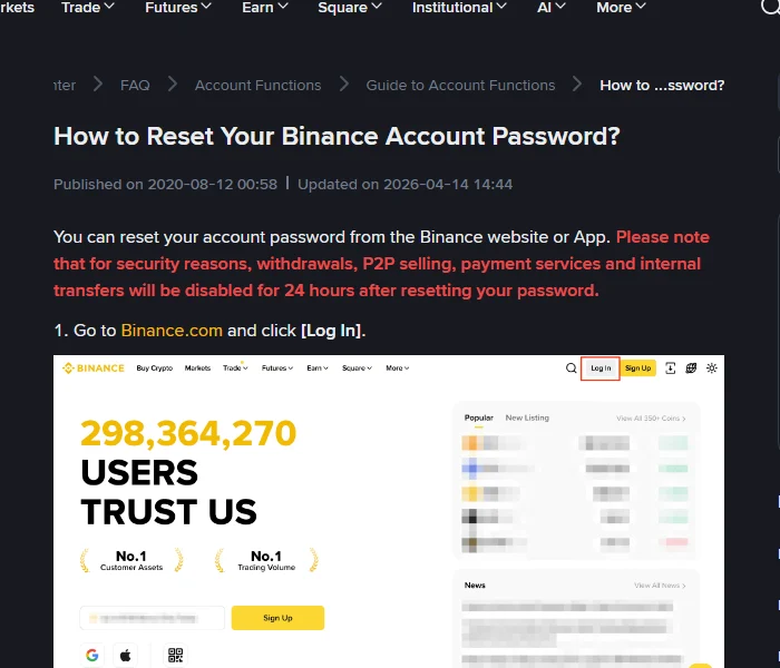 Binances hjälpsida "How to Reset Your Binance Account Password?" med den röda texten om att uttag, P2P-försäljning, betaltjänster och interna överföringar stängs av i 24 timmar efter lösenordsbytet