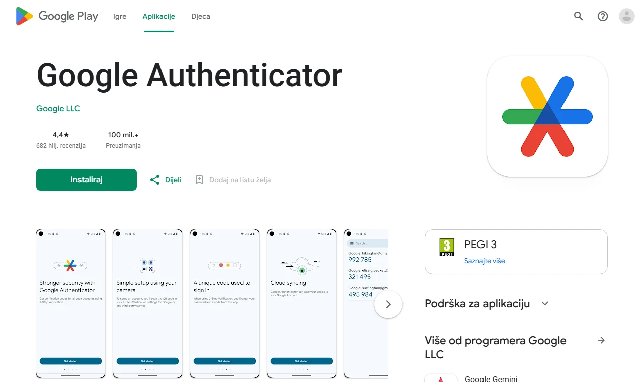 Google Play stranica aplikacije Google Authenticator otvorena za BiH na bosanskom jeziku, s izdavačem Google LLC, ocjenom 4,4 i više od 100 mil. preuzimanja