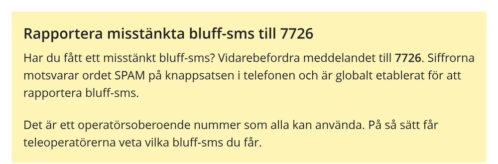 Polisens sida om nätfiske: rutan Rapportera misstänkta bluff-sms till 7726 med förklaringen att siffrorna motsvarar ordet SPAM och att numret är operatörsoberoende