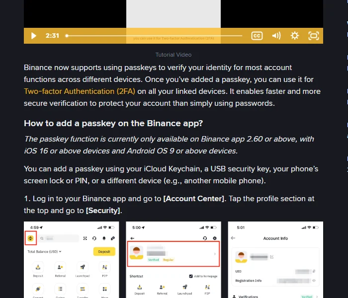 Binances hjälpsida om att skapa passkey, med texten att funktionen kräver Binance-appen 2.60 eller senare, iOS 16 eller senare och Android OS 9 eller senare