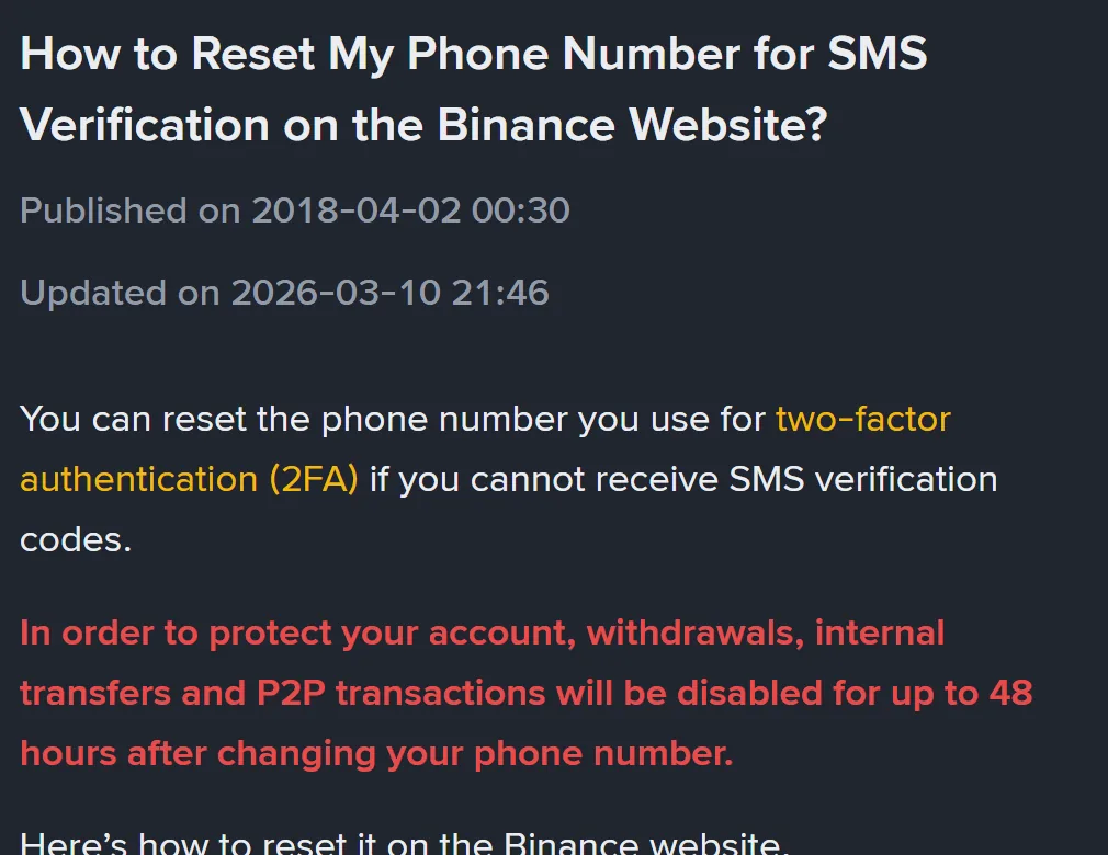 Binances hjälpsida om att återställa telefonnumret för sms-verifiering, med den röda varningen om 48 timmars spärr, engelsk version uppdaterad 2026-03-10