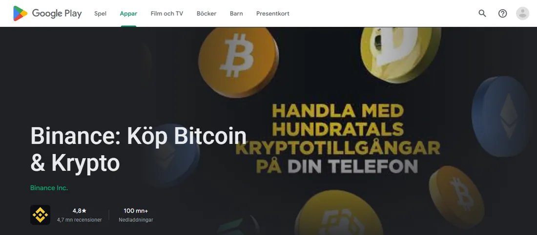 Google Plays produktsida på svenska för Binance: Köp Bitcoin & Krypto, med utgivaren Binance Inc., betyget 4,8, 4,7 mn recensioner och 100 mn+ nedladdningar