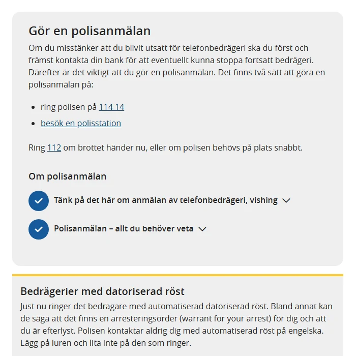 Polisens sida om telefonbedrägeri och vishing, med rutan om polisanmälan på 114 14 och varningen om bedrägerier med datoriserad röst som påstår att det finns en arresteringsorder