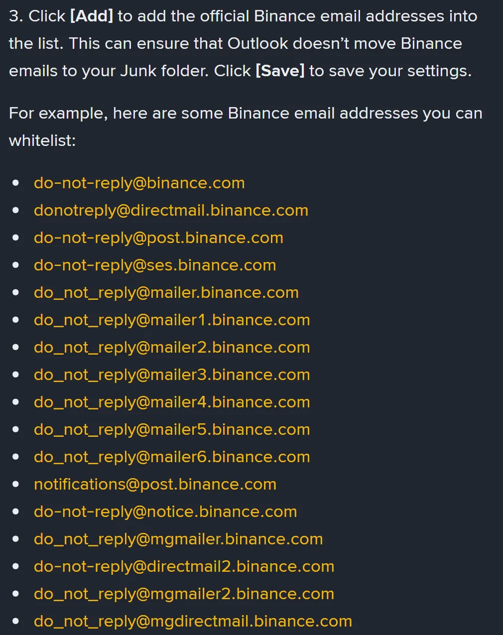 Binances hjälpsida om att vitlista Binance-mejl, med listan över officiella avsändaradresser, engelsk version
