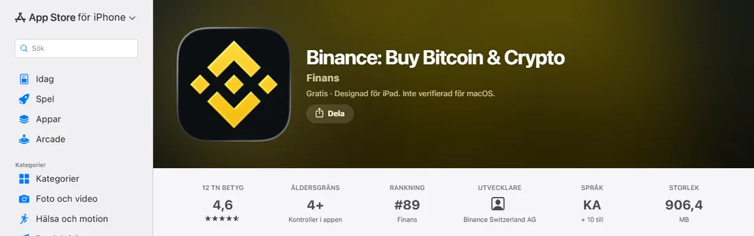 App Store i Sverige, faktaraden för Binance: Buy Bitcoin & Crypto med 12 tn betyg 4,6, åldersgräns 4+, ranking 89 i Finans och utvecklaren Binance Switzerland AG