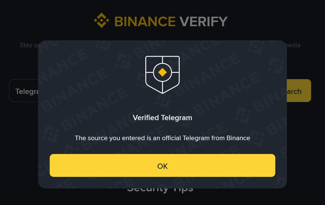 Rezultat alata Binance Verify s porukom Verified Telegram i rečenicom da je uneseni izvor službeni Binanceov Telegram