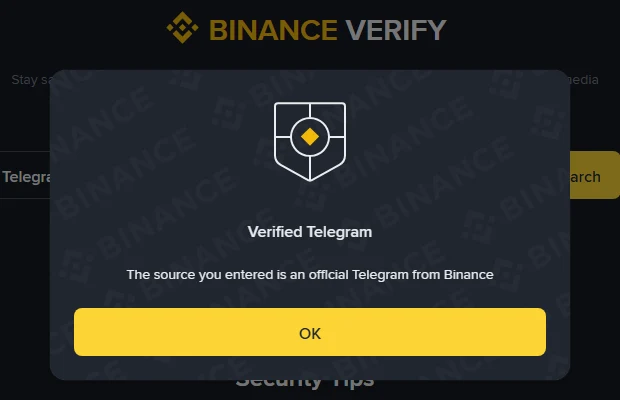 Binance Verify visar rutan Verified Telegram med texten att källan som angavs är en officiell Telegram från Binance