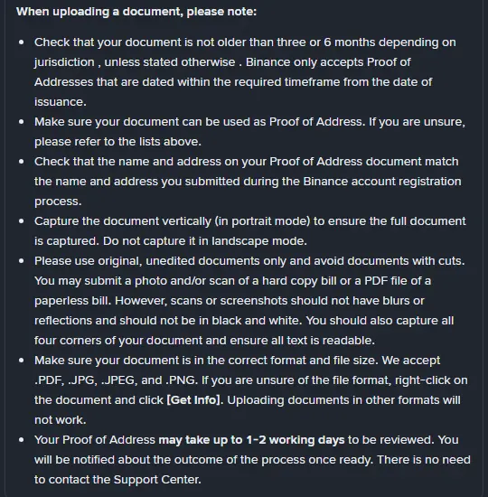 Binances uppladdningsinstruktioner (engelsk version): porträttläge, alla fyra hörn synliga, filformaten PDF, JPG, JPEG och PNG samt 1–2 arbetsdagars granskning