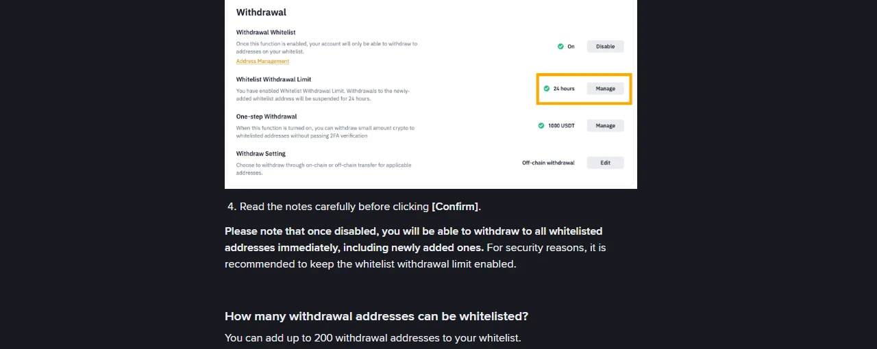 Binance stranica pomoći s panelom u kojem Whitelist Withdrawal Limit stoji na 24 hours, napomenom da nakon isključivanja odmah možete podizati na sve adrese s liste i odgovorom da se na bijelu listu može dodati do 200 adresa