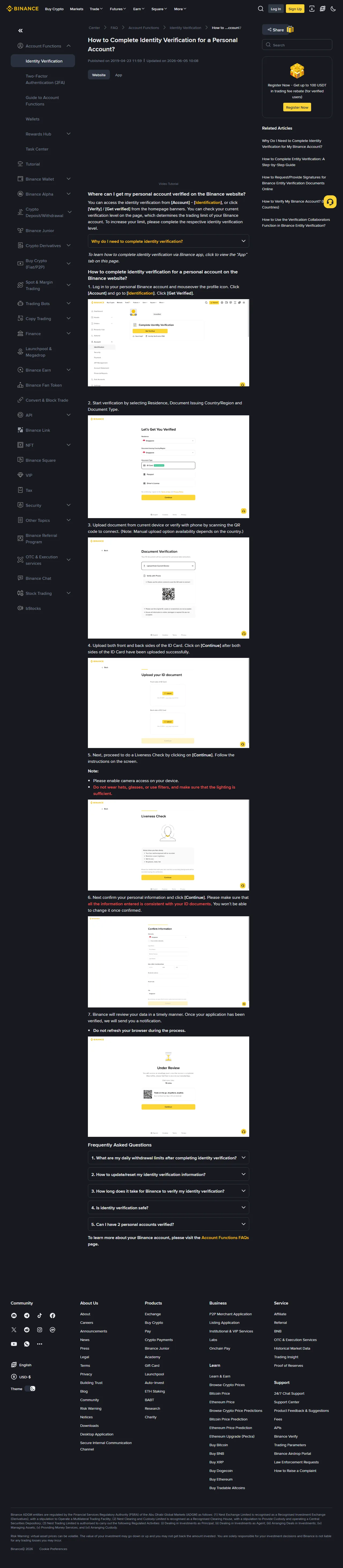 Binance 官方個人帳戶身分驗證說明頁，畫面包含證件上傳、活體檢查與資料確認步驟