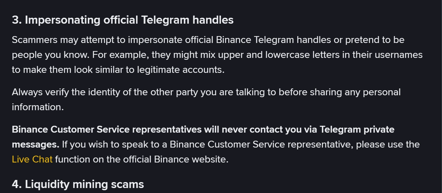 Odjeljak 3. Impersonating official Telegram handles na stranici pomoći, s objašnjenjem da prevaranti miješaju velika i mala slova u korisničkim imenima