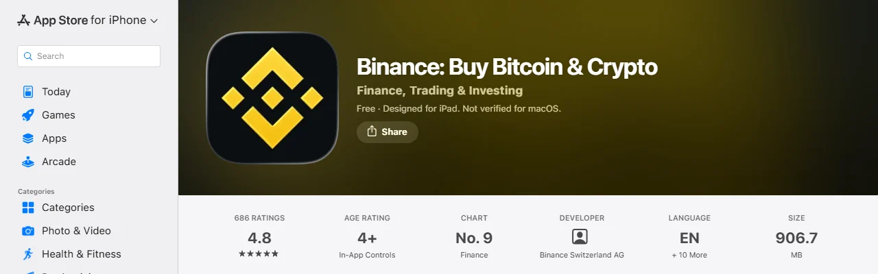 App Store stranica aplikacije Binance za BiH s redom podataka: 686 ocjena i prosjek 4.8, developer Binance Switzerland AG, veličina 906,7 MB