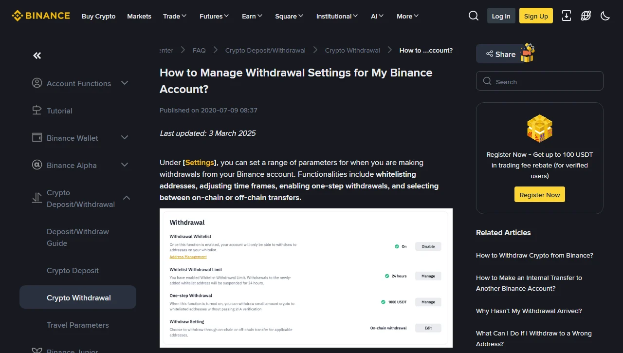 Binance stranica pomoći „How to Manage Withdrawal Settings for My Binance Account?“, objavljena 2020-07-09 i posljednji put ažurirana 3. marta 2025, sa panelom Withdrawal u kojem su četiri postavke: Withdrawal Whitelist, Whitelist Withdrawal Limit, One-step Withdrawal i Withdraw Setting