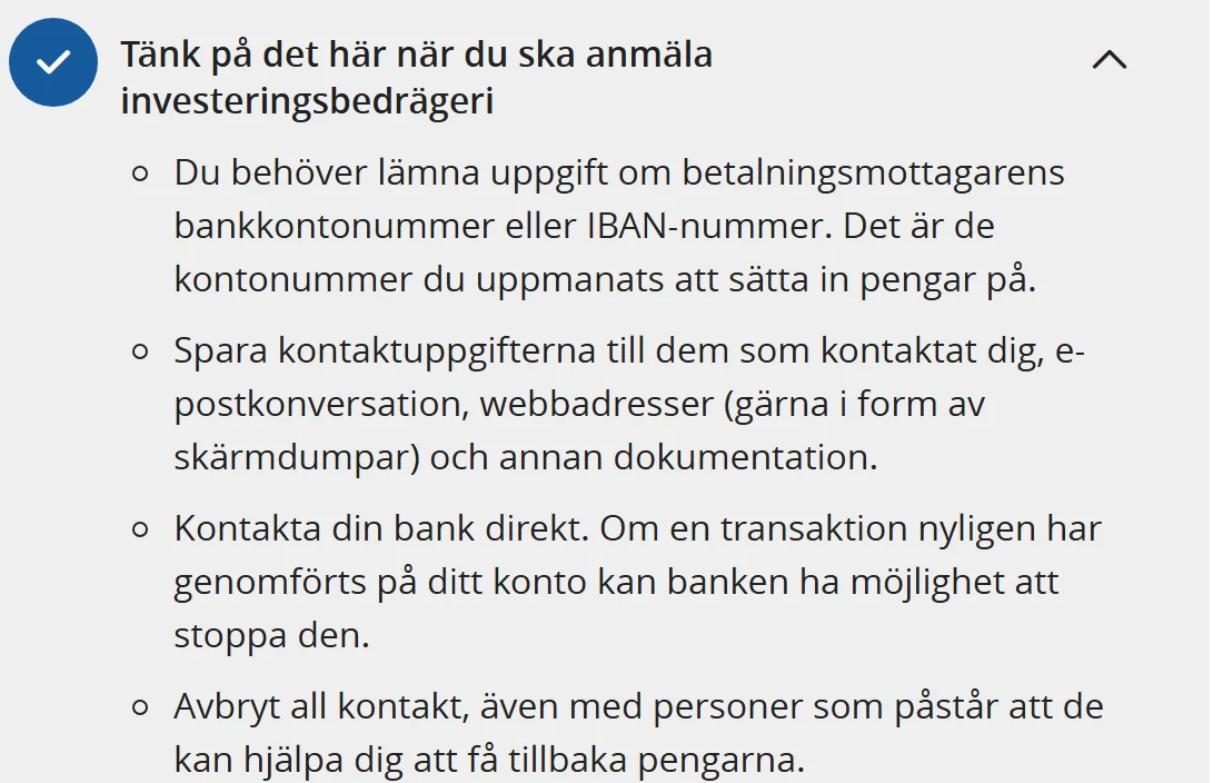 Polisens checklista inför anmälan av investeringsbedrägeri, med bankkontonummer, sparad dokumentation, kontakt med banken och att avbryta all kontakt